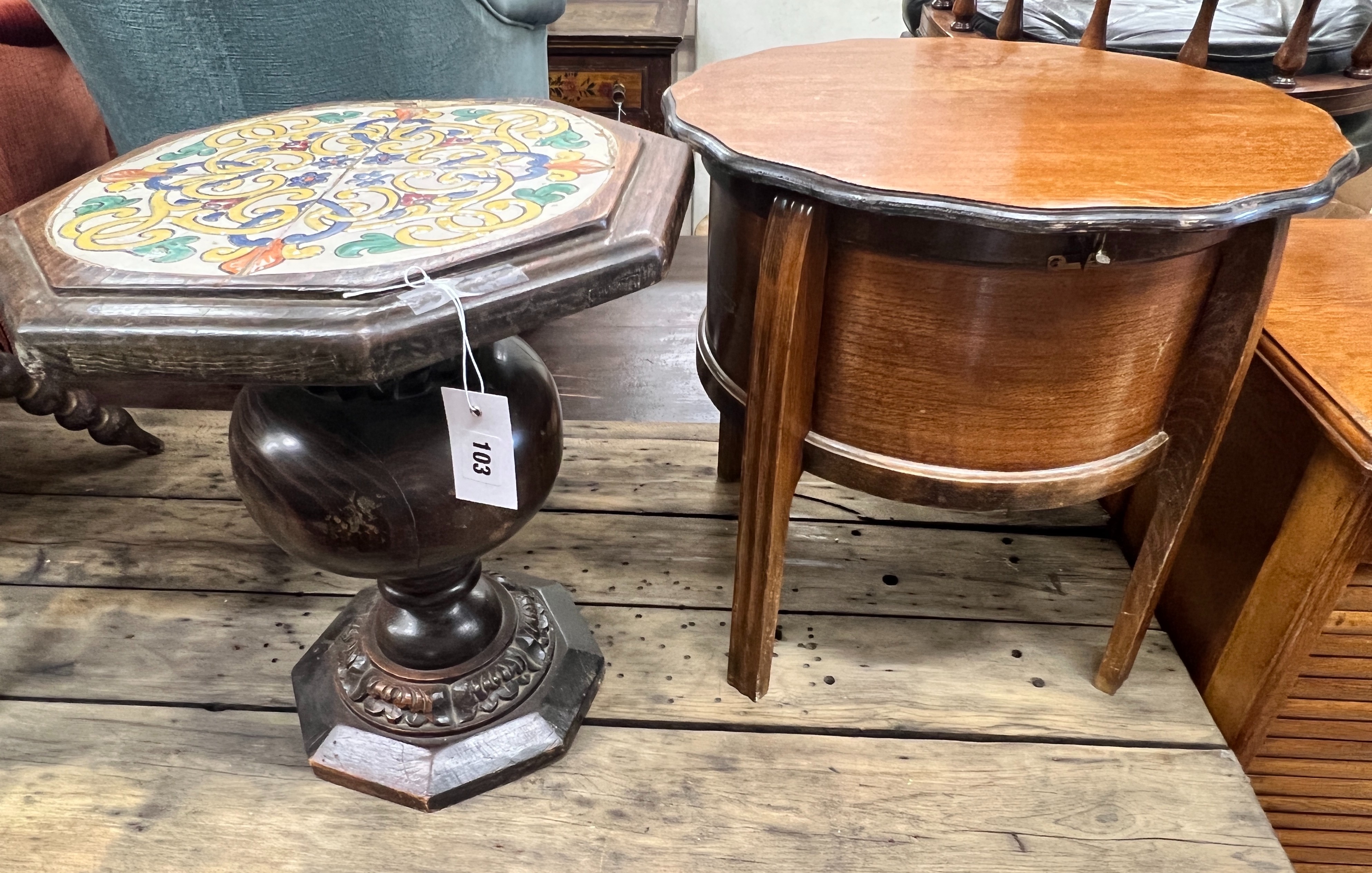 An octagonal oak tile top occasional table, width 42cm, height 46cm and a circular oak work table